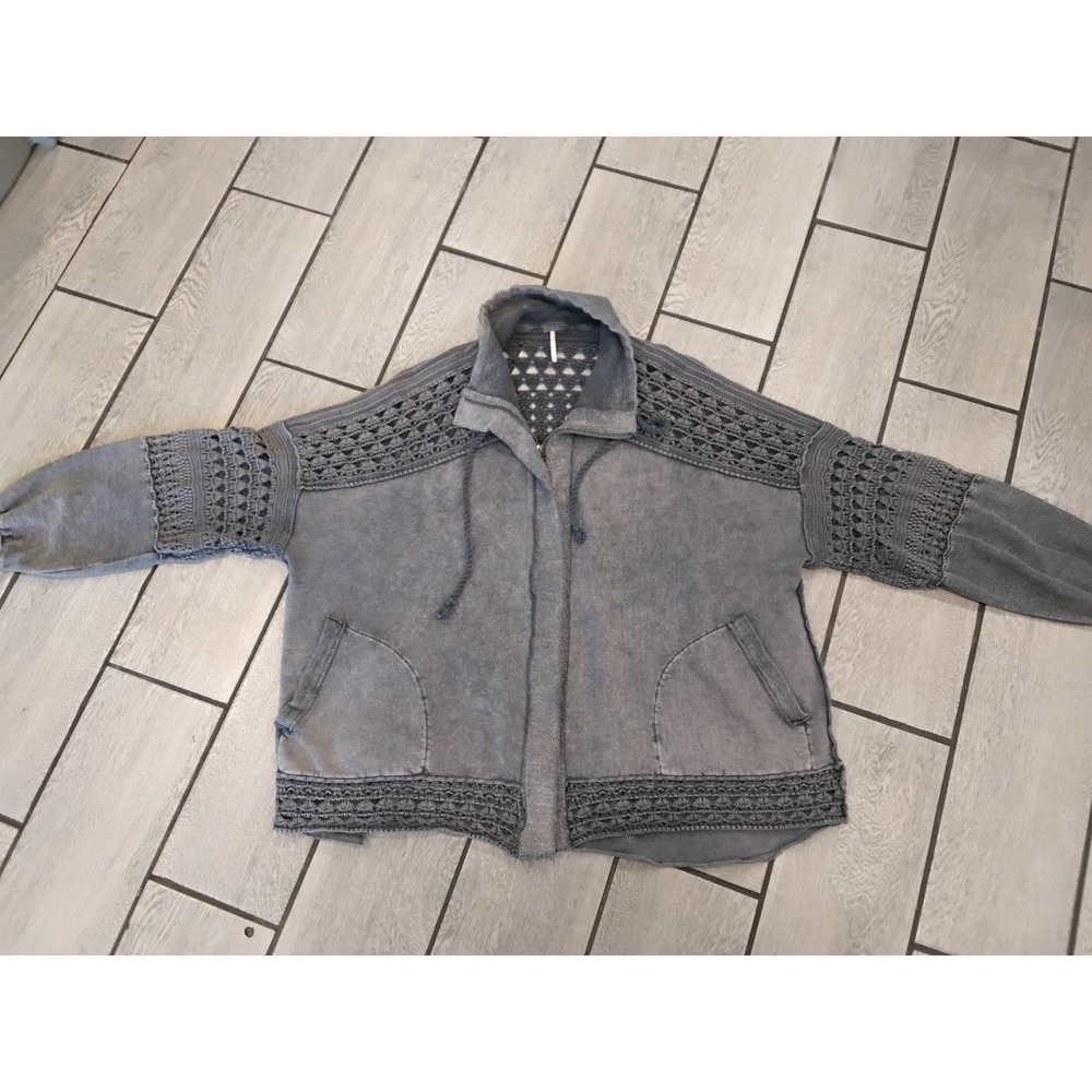 Free People Crochet Trim Oversized Zip Up Jacket Grey Boho Sweatshirt L